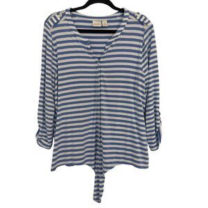 Chico’s 2 Women’s Size L Blue White Striped Top 3/4 Sleeve Button Tab Tie Front